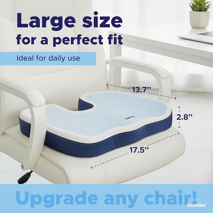 COOL GEL Memory Foam Seat Cushion, Gel Cooling Memory Foam, Office Chair Cushion for Tailbone, Sciatica & Back Pain Relief - Ergonomic U-Shaped with Non-Slip Base and Washable Cover