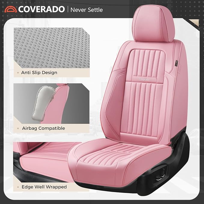 Coverado Car Seat Covers Full Set, Seat Covers for Cars, Car Seat Cover, Car Seat Protector, Leather Car Seat Cushion, Waterproof Car Seat Covers Front Seats and Back Fit for Most Cars(Pink)