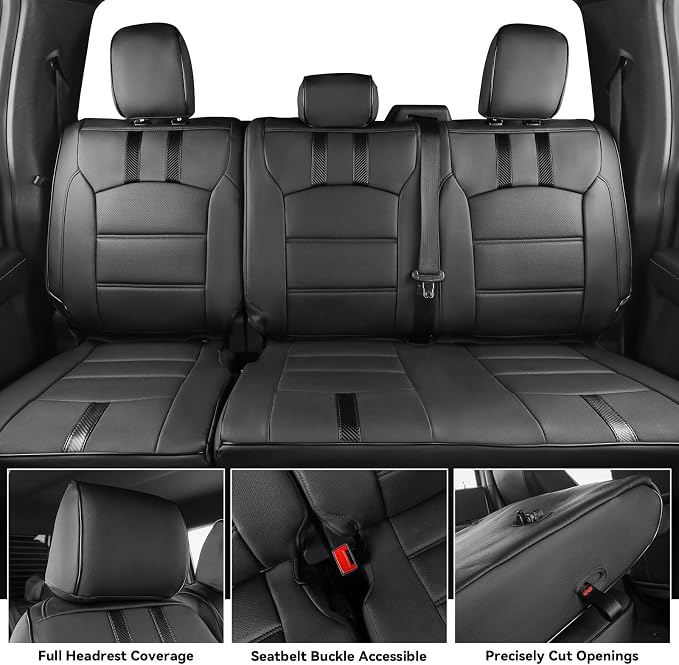 coverdream F150 Rear Seat Covers for 2015-2020 Ford F150 SuperCrew XL,XLT & 2017-2022 F250/F350 Crew Cab XL,XLT,w/No Rear Armrest,Fully Covered,Waterproof Leather Seat Protector(2nd Row Only,Black)
