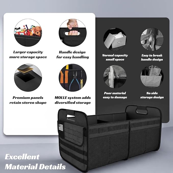 Sposuit Car Trunk Organizer for SUV - 70L Collapsible Tactical MOLLE Car Storage with Reinforced Handles & Multiple Pockets, Sturdy Trunk Organizers for Groceries, Tools & Outdoor Storage (Black)