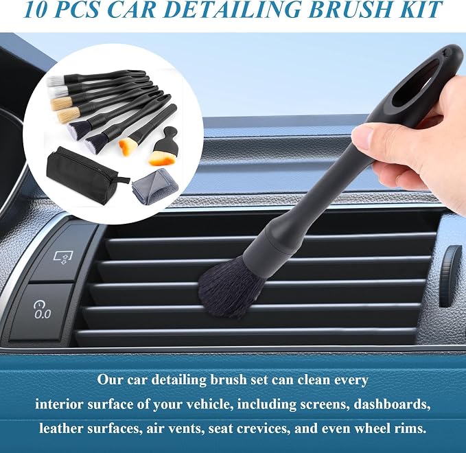 10 Pcs Car Detailing Set for Interior & Exterior Cleaning, Ultra Soft Boars Hair Car Interior Detailing Brushes, Scratch-Free Car Cleaning Kit for Dashboard, Air Vents, Wheels, Leather Seat