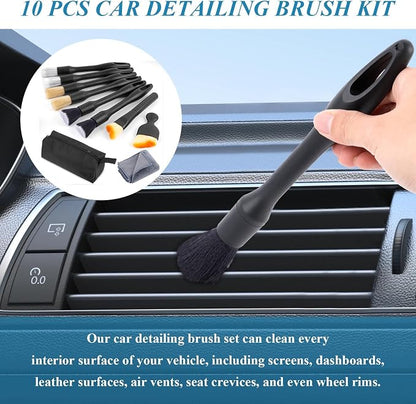 10 Pcs Car Detailing Set for Interior & Exterior Cleaning, Ultra Soft Boars Hair Car Interior Detailing Brushes, Scratch-Free Car Cleaning Kit for Dashboard, Air Vents, Wheels, Leather Seat