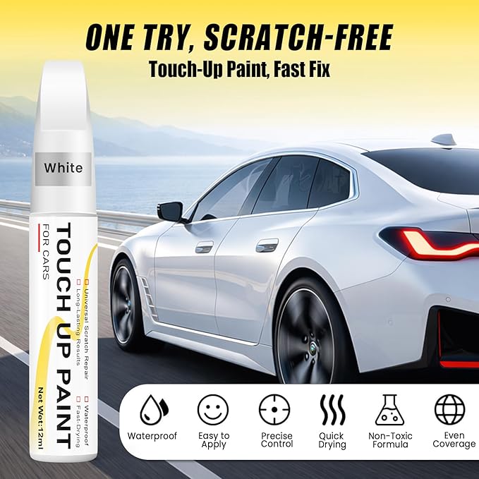 Pure White Touch Up Paint for cars, 2-in-1 Brush & Tip, 0.4 fl oz - Universal Car Scratch Repair Pen for Scratches & Scuffs, OEM Color Match, Quick-Dry & Long-Lasting