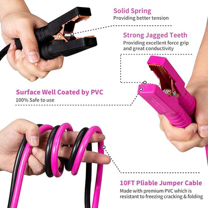 Roadside Emergency Car Kit for Vehicles, Car Safety Kit with Jumper Cables, Safety Hammer, Pink Car Accessories Road Trip Essentials Assistance Kit for Teen Girls Women