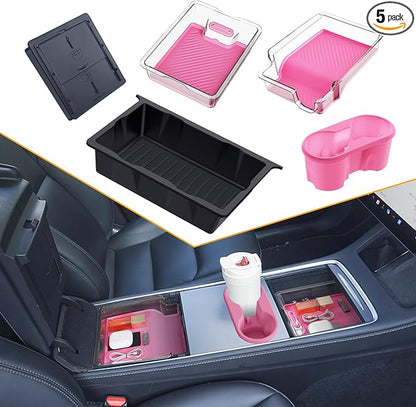 Pink Center Console Organizer 5PCS for Tesla Model Y Accessories 2024-2020 (Not Fit Juniper) Armrest Storage Tray with Hidden Box, Cup Holder Insert & Under Seat Storage - Custom Fit Interior Decor
