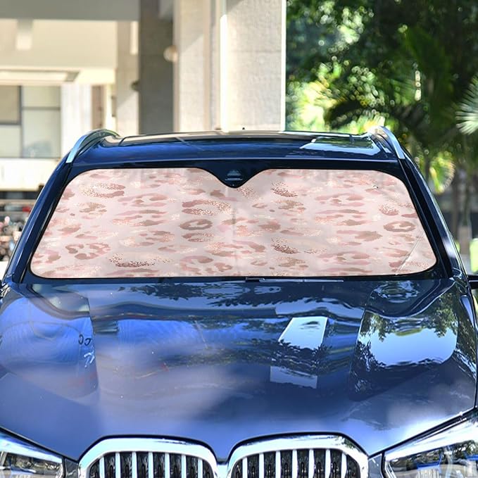 Windshield Sun Shade Leopard Print Cheetah Rose Gold Ram Front Window Block UV Shades Visor Reflective Retractable for Car SUV Trucks