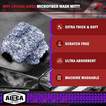 AIDEA Car Wash Mitt Microfiber, 2PK Scratch Free Lint-Free, Wheel Cleaner Mitts, Extra Plush Premium Microfiber Mitt Car Wash Brush, Regular Size 7.12''X10.14''