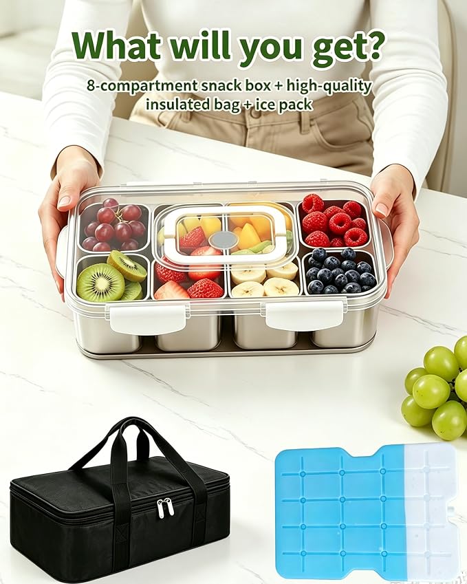 Snackle Box Container, Stainless Steel Divided Serving Tray with Lid and Handle,Large Snack Tray for Fruit Veggie, 8-Compartment Snack Platter for Travel Party Beach Picnic,with Ice Pack(Silver White)