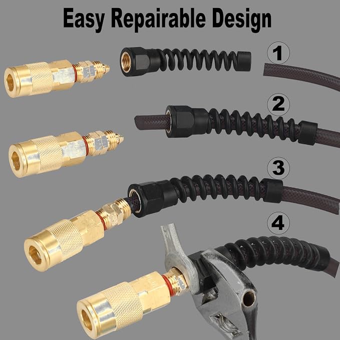 Keepro Polyurethane Recoil Air Hose, 1/4 Inch ID By 50 Feet Long Air Compressor Hose with Repairable Solid Brass 1/4" Industrial Quick Coupler and Plug, 145 PSI Maximum Pressure, Black