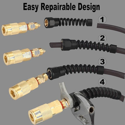 Keepro Polyurethane Recoil Air Hose, 1/4 Inch ID By 50 Feet Long Air Compressor Hose with Repairable Solid Brass 1/4" Industrial Quick Coupler and Plug, 145 PSI Maximum Pressure, Black