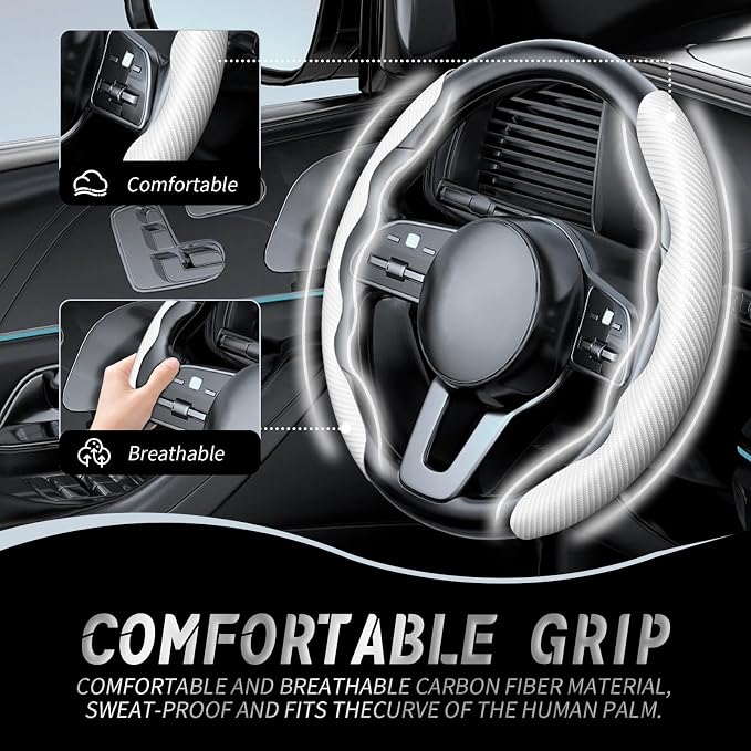 WOCOCN 2pcs Car Steering Wheel Cover,Anti-Skid Carbon Fiber Steering Wheel Protector for Men Women,Multiple Color Options,Universal for Most Car Interiors Accessories (White)