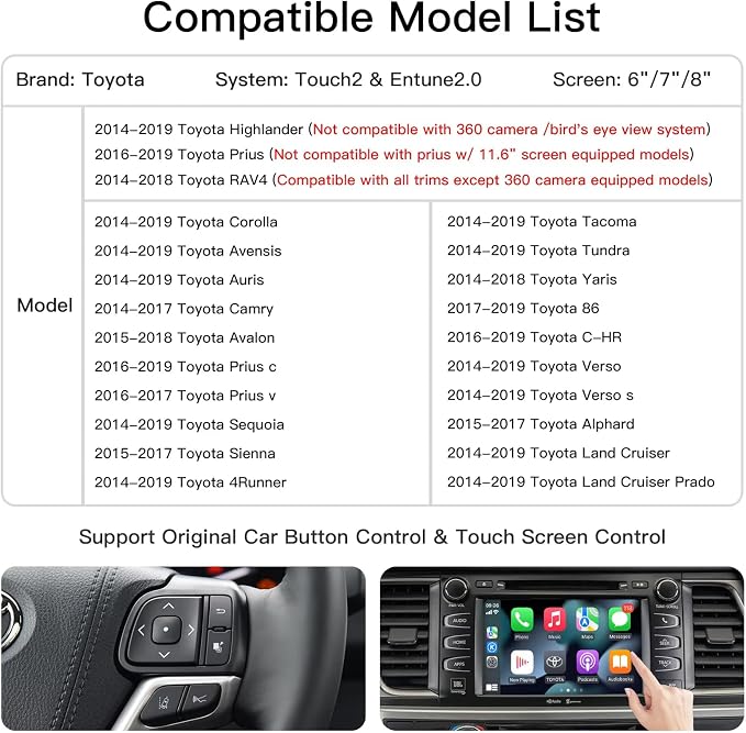 Wireless Carplay/Android Auto Adapter for Toyota with Entune2.0 & Touch2 2014-2019 Retrofit Kit Decoder Fits for Tundra/Highlander/RAV4/Tacoma/Camry/Corolla/Avalon/Prius/CH-R/Sienna/Camry