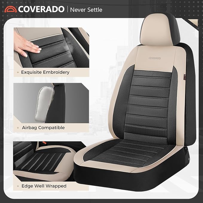 Coverado Car Seat Covers Front Seats, Luxury Leather Car Seat Covers, Automotive Mesh Seat Covers 2 Pack, Airbag-Compatible, Black Beige Seat Covers for SUV Sedan Truck