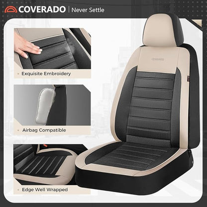 Coverado Car Seat Covers Front Seats, Luxury Leather Car Seat Covers, Automotive Mesh Seat Covers 2 Pack, Airbag-Compatible, Black Beige Seat Covers for SUV Sedan Truck