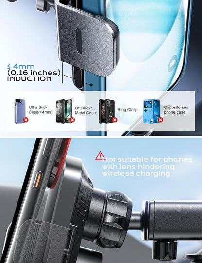 Wireless Car Charger, 15W Fast Charging Auto Clamping Phone Holders for Your Car Phone Mount fit for iPhone 17 16 15 14 13 12 Pro Max 11 XR XS, for Samsung Galaxy S25 Ultra S24 S23, Black