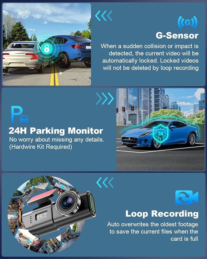 4K Dash Cam Front and Rear, Built-in WiFi, 170° Wide Angle, Night Vision, 24H Parking Monitor, G-Sensor, WDR, 1.47” IPS Screen, with 64GB SD Card (Supports 256GB Max) - Car Dash Camera with App