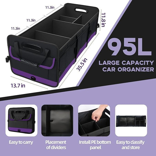 Trunk Organizer for Car, Sturdy Storage Organization with Non-Slip Bottom Strips, 95L Large Capacity Cargo Organizer for Suv, Truck, Sedan, Waterproof Portable Car Organizers for Women Men(Purple)