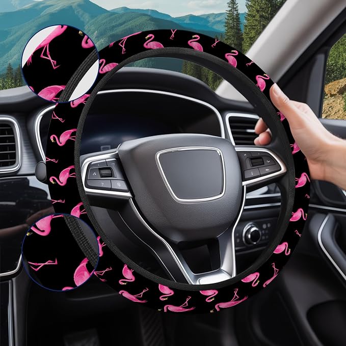 GENANY Pink Flamingo Steering Wheel Cover, Non Slip Polyester Car Wheel Protector for Car SUV Truck, Universal 15 Inch
