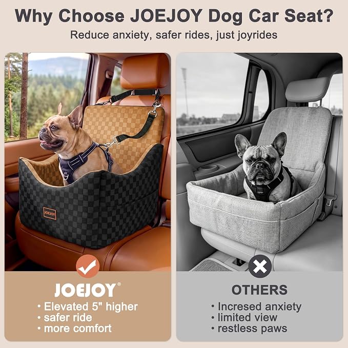 JOEJOY Elevated Dog Car Seat for Small/Medium Dogs up to 35 lbs, Memory Foam Booster Seat with Detachable Washable Cover, Travel-Safe Car Bed with Safety Belts & Storage Pockets, Brown