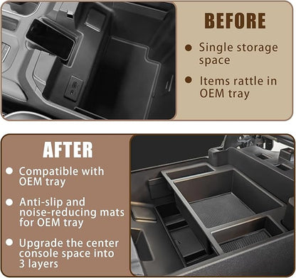 Muslogy Center Console Organizer Compatible with 2022-2026 Chevy Silverado/GMC Sierra 1500, 2024-2026 Silverado & Sierra 2500 3500HD Armrest Storage - Full w/Bucket Seats ONLY(Console Tray&Mats Set)