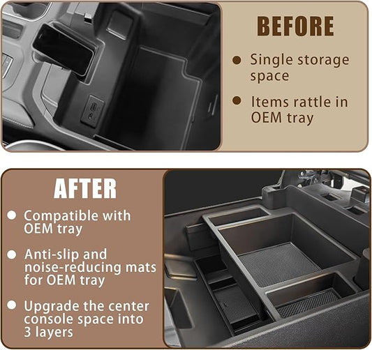 Muslogy Center Console Organizer Compatible with 2022-2026 Chevy Silverado/GMC Sierra 1500, 2024-2026 Silverado & Sierra 2500 3500HD Armrest Storage - Full w/Bucket Seats ONLY(Console Tray&Mats Set)