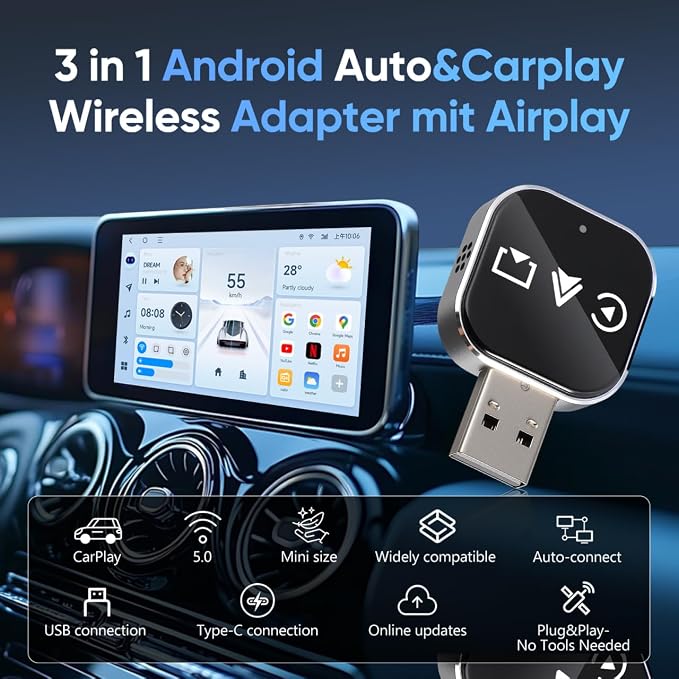 Ciieeo 3 in 1 Wireless CarPlay Adapter for Apple CarPlay & Android Auto, Screen Mirroring Adapter for Car, Wired to Wireless CarPlay Dongle, Auto Connect USB Mini Car Screen Adapter Black 2026