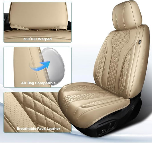 Leather Car Seat Covers Full Set, Breathable Faux Leather Seat Covers for Cars SUV Sedan Waterproof Beige