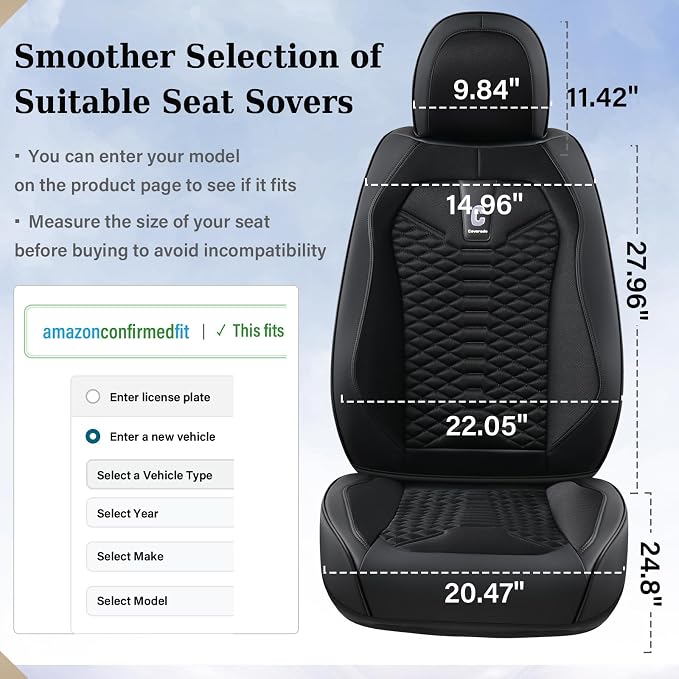 Coverado Car Seat Covers Full Set, 5 Seats Universal Seat Covers for Cars, Breathable Fabric& Faux Leather Auto Seat Cushions, Front and Rear Seat Protectors Fit for Most Sedans SUV Truck, Black