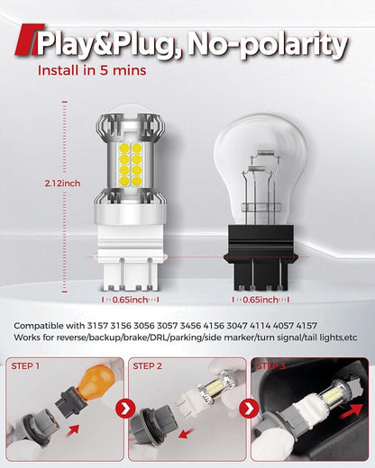 Torchbeam 3157 LED Bulb White, Upgraded Reverse Light Bulb, 600% Brighter T25 3156 3057 4157 3047 4057 3457 4114 Lamp for Backup Tail Reverse Brake DRL Signal Parking Lights, 6000K, Pack of 2