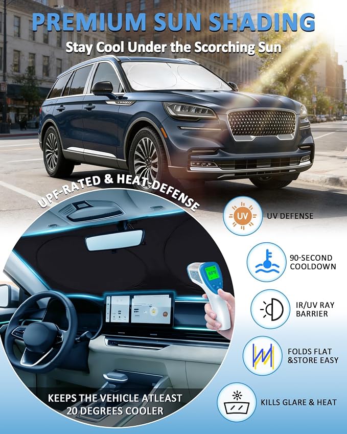 Windshield Sun Shade for Lincoln Aviator 2020-2025 2026, Custom-Fit Aviator Sun Visor Protector, 99% UV Block Heat Sun Shield, Silver Reflective Front Window Sunshade