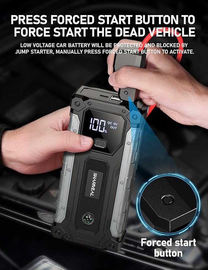 Sharmeal Car Battery Jump Starter 6000A, Jump Starter Battery Pack for All Gas and 10.0L Diesel, 12V Portable Jump Box with LED Light