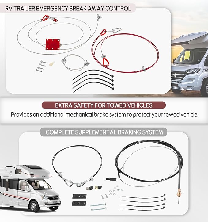 RV Brake System for Flat Towing, Emergency Breakaway Kit & Ready Stop Device Kit with Brake Pedal Connected Cable Harness, Compatible with RV Tow Bars and Towed Vehicles