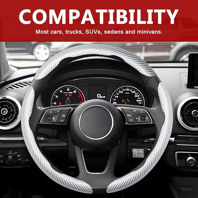 3pcs Universal Carbon Fiber Steering Wheel Cover - Anti-Slip & Segmented Design, Universal 99% Durable Steering Wheel Protector for Men and Women, Car Interior Accessory (White)