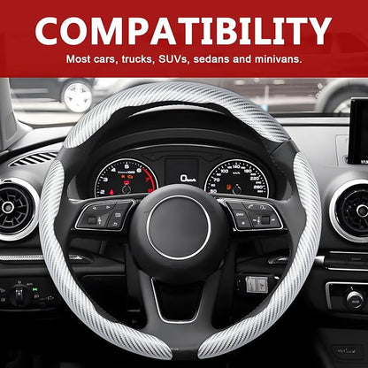 3pcs Universal Carbon Fiber Steering Wheel Cover - Anti-Slip & Segmented Design, Universal 99% Durable Steering Wheel Protector for Men and Women, Car Interior Accessory (White)