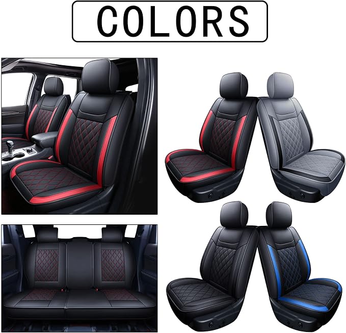 Huidasource Grand Cherokee Seat Covers, Waterproof Leather Customized Car Seat Cushion Covers, Full Set Seat Protectors Compatible with Grand Cherokee 2011-2022, (5 Pcs Full Set/Black&Red)