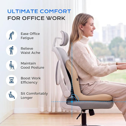 Coverado Car Seat Cushion and Lumbar Support Pillow One Piece, Napa Leather Memory Foam Ergonomic Back Support Driving Seat Cushion for Back Pain, Non-Slip Washable Cushion for Car, Driver, Office