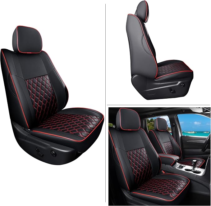 Huidasource Upgrade Grand Cherokee Seat Covers, Full Coverage Waterproof Leather Car Seat Covers, Custom Seat Cushion Protector Fit for Jeep Grand Cherokee 2011-2021 (Full Set/Black&Red)