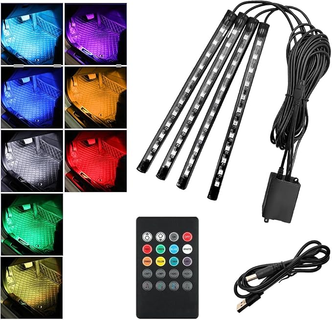 povtii Car Led Interior Lights, RBG 48 LED Multicolor Music Auto Interior Strip Light with Remote Control, Waterproof Lighting Lamp Kit Under Dash with Charger, Car Accessories (USB)