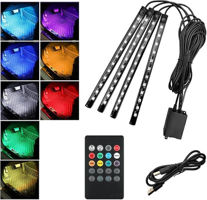 povtii Car Led Interior Lights, RBG 48 LED Multicolor Music Auto Interior Strip Light with Remote Control, Waterproof Lighting Lamp Kit Under Dash with Charger, Car Accessories (USB)
