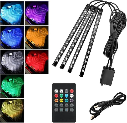 povtii Car Led Interior Lights, RBG 48 LED Multicolor Music Auto Interior Strip Light with Remote Control, Waterproof Lighting Lamp Kit Under Dash with Charger, Car Accessories (USB)