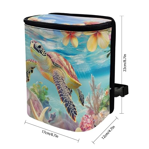 Talayituse Turtle Hibiscus Plumeria Print Car Trash Bin, Large Size Auto Trash Can Adjustable Portable Garbage Can with Lid, Vehicle Hanging Bag for Headrest Front Back Seat