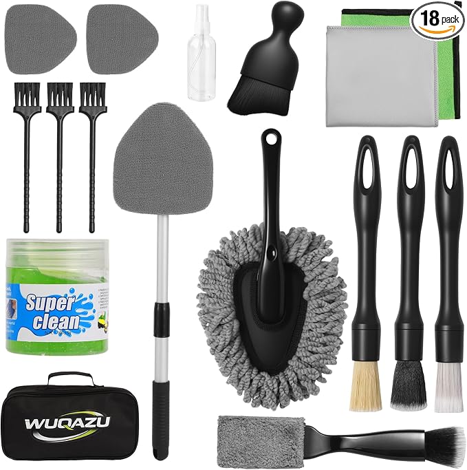 18PCS Upgraded Car Detailing Kit, 2-in-1 AC Vent Brush, 3 Ultra Fine Crevice Brushes, Boar Hair & Glass Brush, Cleaning Gel, Scratch-Free Auto Interior Tools