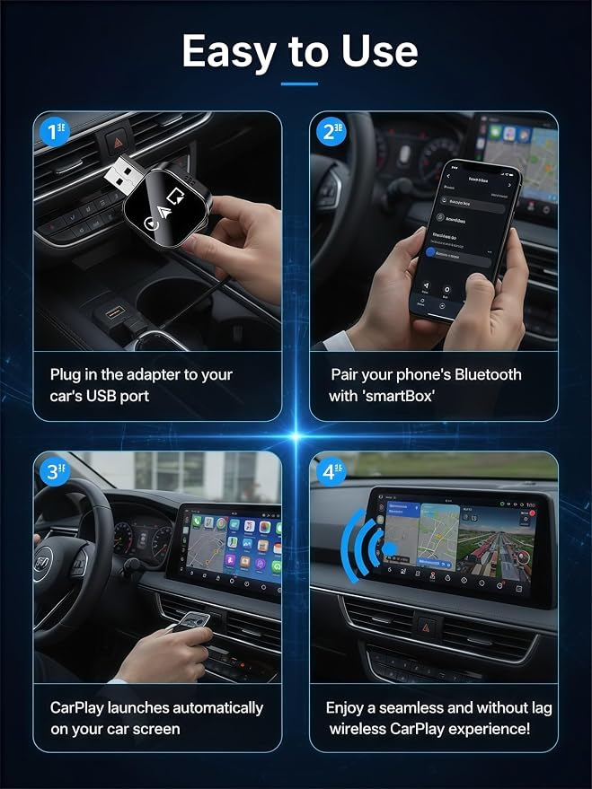 Screen Mirroring Adapter for Car Carplay 2026 Upgraded for iPhone& Android Auto,5.8g WiFi No-Lag Dongle,Wired to Wireless Converter with 4k Streaming,Fits 98% Cars (USB-A/C)