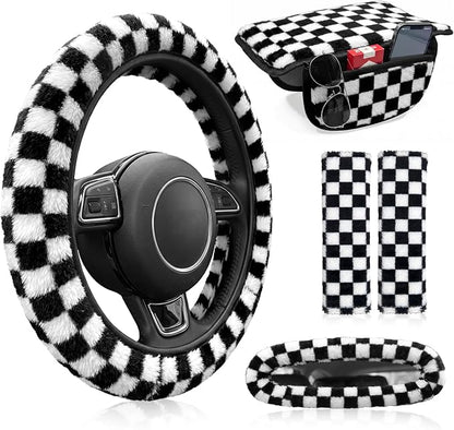 5 Pcs Fuzzy Black & Wihte Car Accessories Set, Soft Fluffy Plush Steering Wheel Cover, Center Console Armrest Pad & Rearview Mirror Cover - Interior Decorations for Women,Universal Fit (Check)