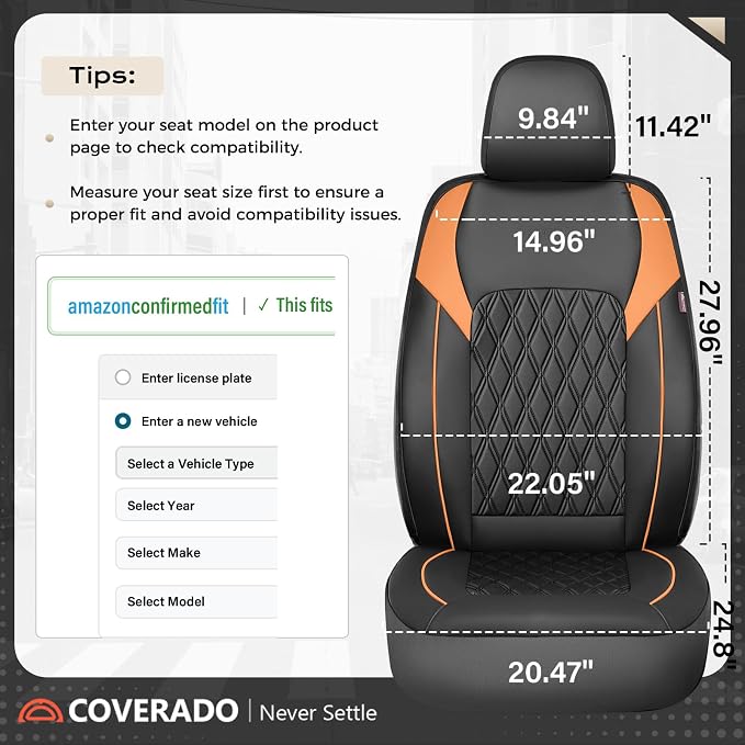 Coverado Seat Covers for Cars, Automotive Seat Covers Front Seats, Waterproof Car Seat Covers, Car Seat Cushion, Faux Leather Car Seat Protector Carseat Cover Universal Fit Most Cars, Black&Orange