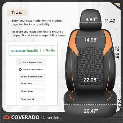 Coverado Seat Covers for Cars, Automotive Seat Covers Front Seats, Waterproof Car Seat Covers, Car Seat Cushion, Faux Leather Car Seat Protector Carseat Cover Universal Fit Most Cars, Black&Orange