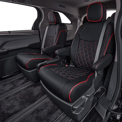 EKR Sienna Seat Covers for 2021-2026 Toyota Sienna Limited,Platinum,2nd Row Captain Chairs with Legrest 7 Seats,Automotive Seat Covers,Car Seat Cover Full Set,Leather (Black with Red Piping)