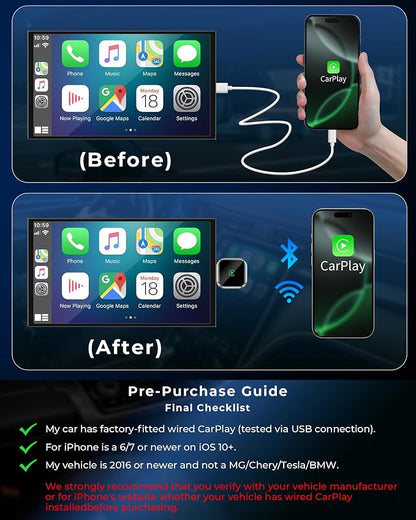 Wireless CarPlay Adapter for Apple iPhone - Upgrade Wired CarPlay to Wireless Device, Mini T-Shaped for Car USB Plug and Play Auto Reconnect, for GPS Navigation Audio Satellite Radio Equipment