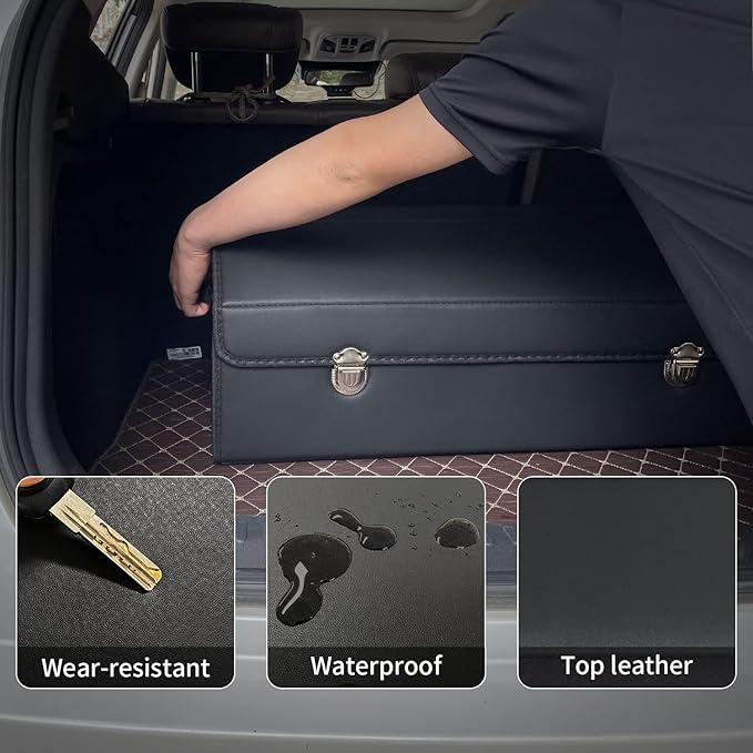 Car Trunk Organizer with Lid,Foldable Faux Leather Cargo Storage Box,3 Compartments,Collapsible Multi-Functional for SUV,Sedan,Vehicle Trunk