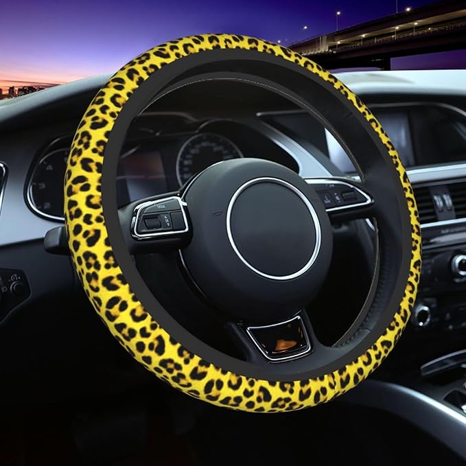 Yellow Leopard Steering Wheel Covers Non Slip Neoprene Universal 15 Inch Steering Wheel Protector Car Cover for Men Women